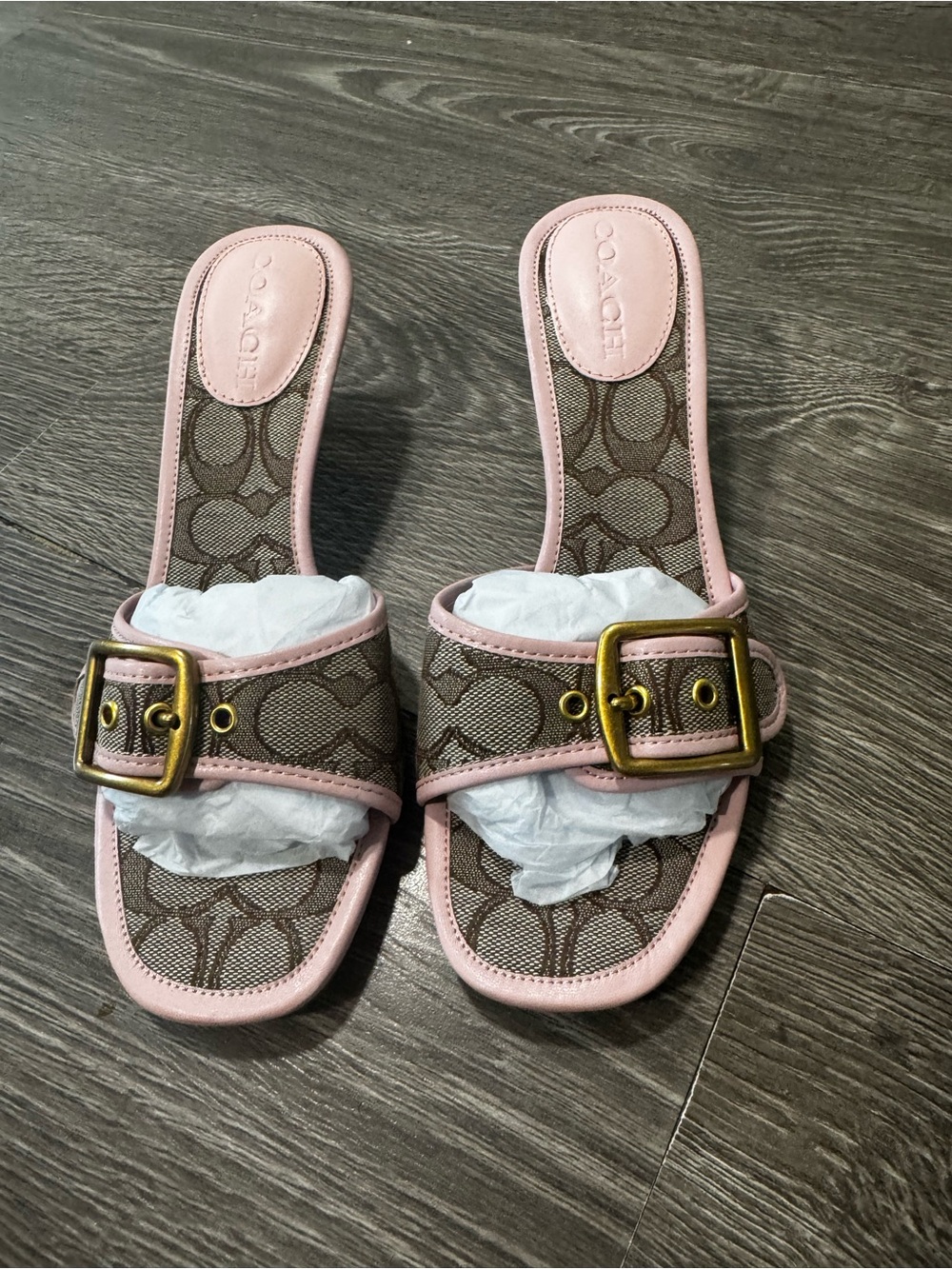 Women Coach Pink Signature kitten heels Sandals with Buckle